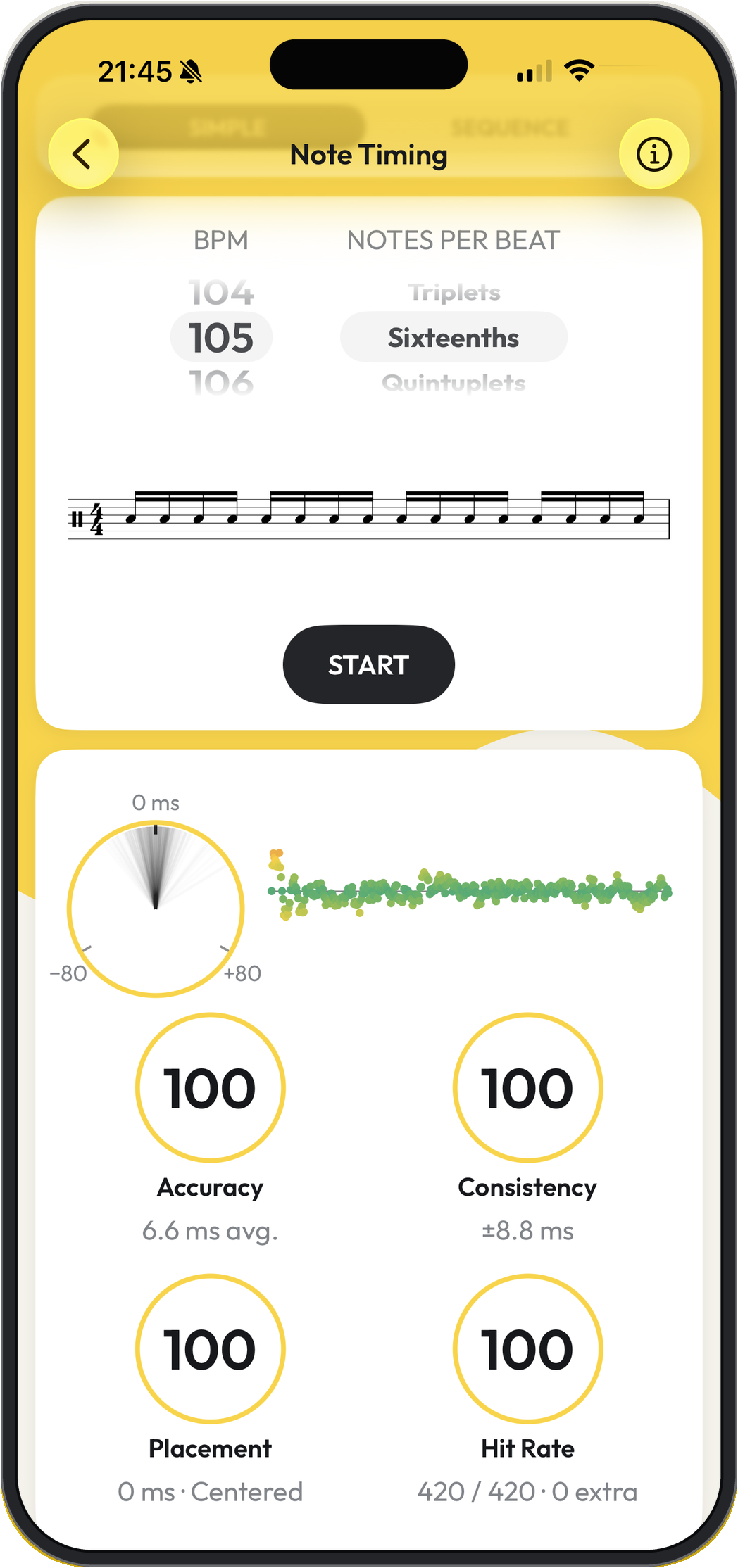 Gold Drums pad exercise results with timing scores