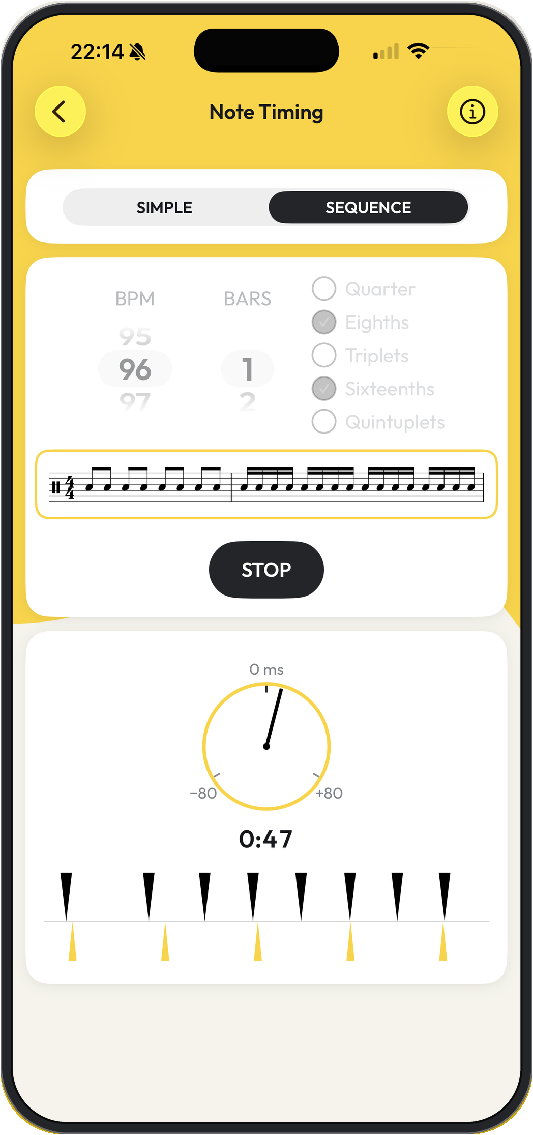Gold Drums pad exercise with live note timing